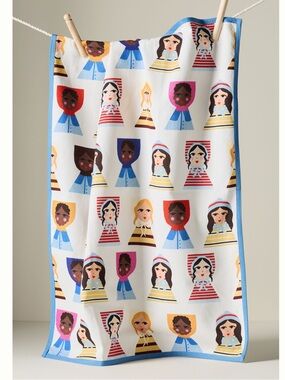 Anthropologie Damson Madder Dish Towel Cotton New White Blue Dolls
